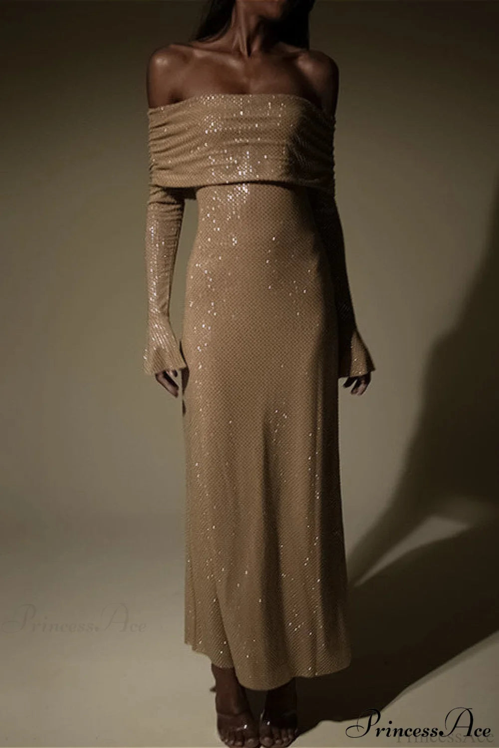 Off Neck Sequined Slim Fitted Long Party Dress