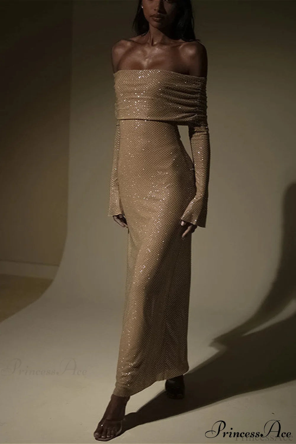 Off Neck Sequined Slim Fitted Long Party Dress Brown / S