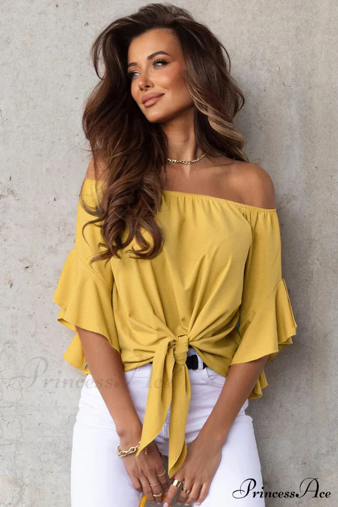 Off-Shoulder Tie Hem Blouse Banana Yellow clothes long sleeve top Ship From Overseas shirt shirts SYNZ tops trend