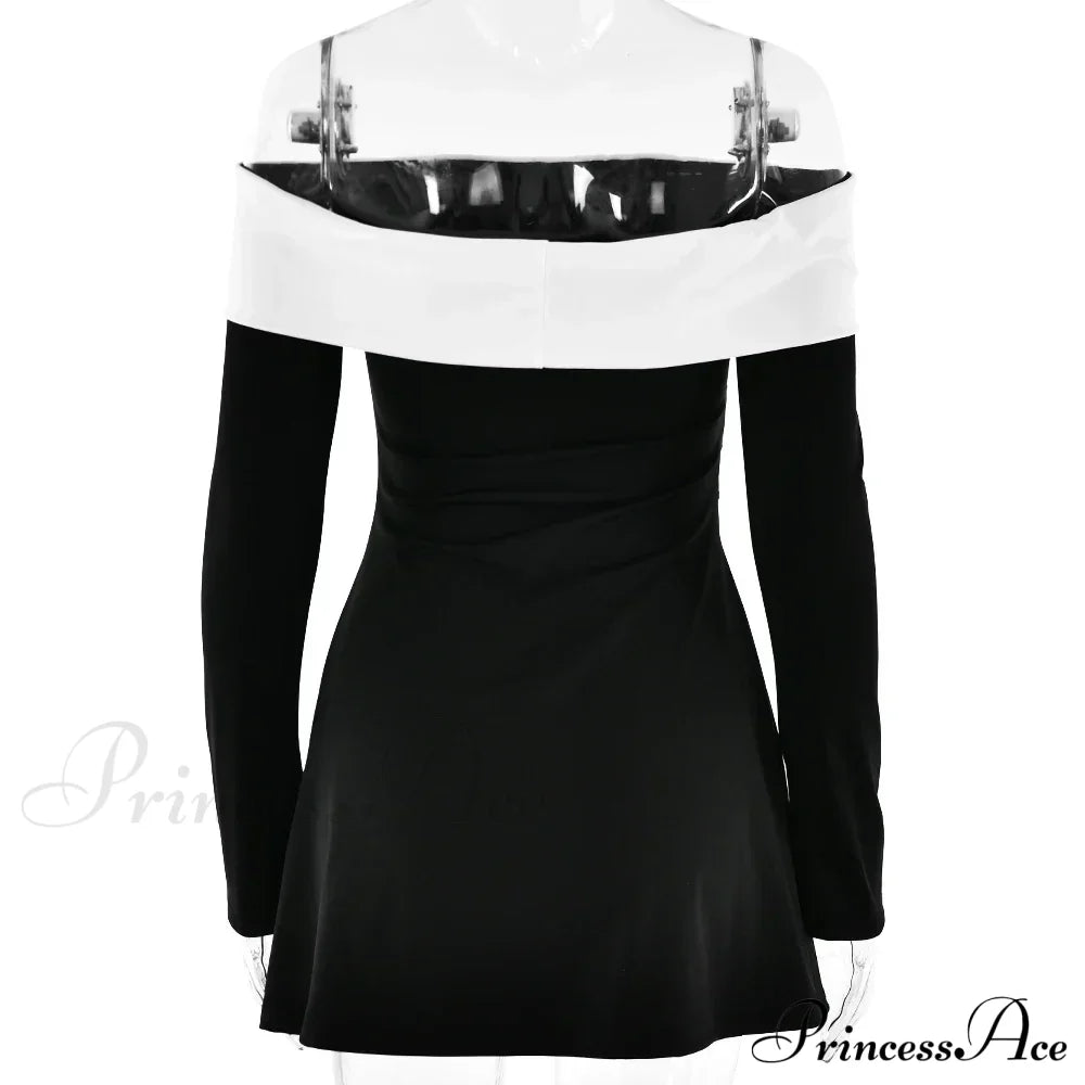Off-Shoulder Colourblock Long Charming Sleeve Mini Dress Patchwork