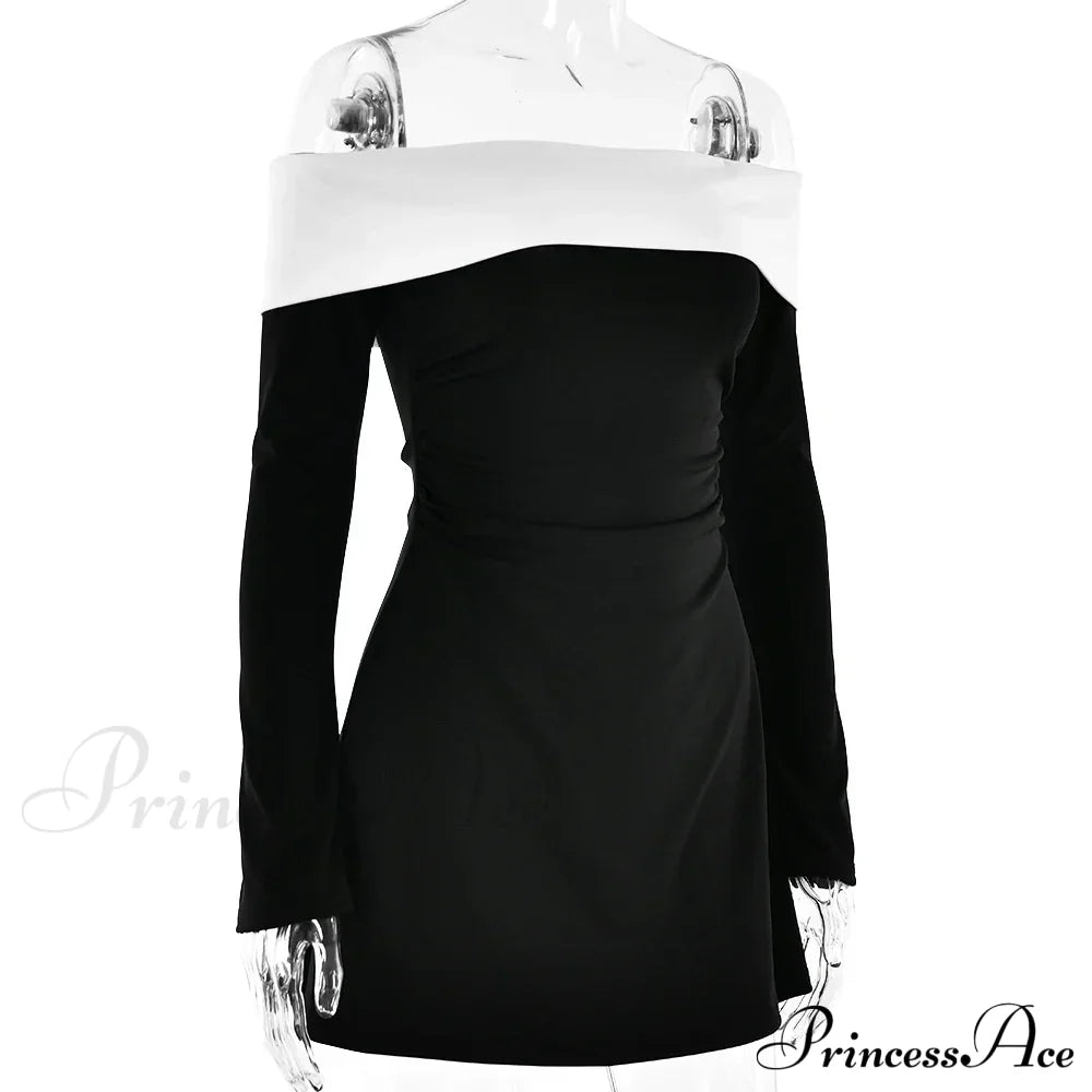 Off-Shoulder Colourblock Long Charming Sleeve Mini Dress Patchwork