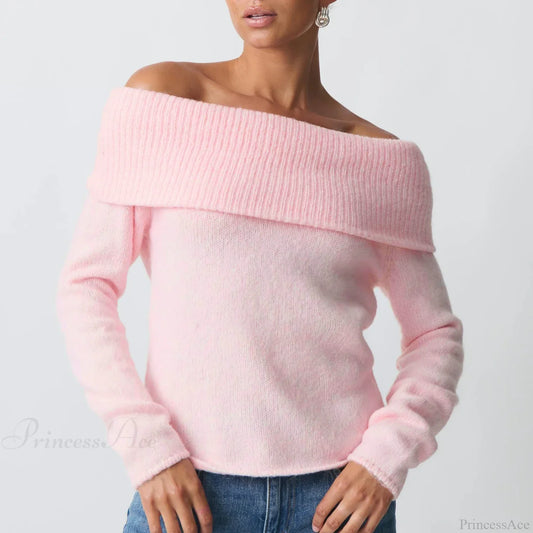 Off Shoulder Cropped Trendy Slouchy Knit Pullover Top Pink / S knittop-250126