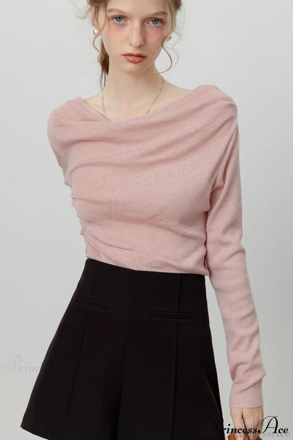 Off-Shoulder Draped Collar Waist-Cinched Knit Top