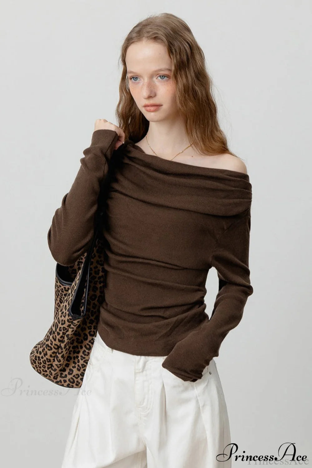 Off-Shoulder Draped Collar Waist-Cinched Knit Top