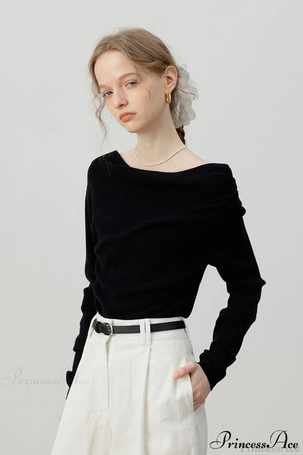 Off-Shoulder Draped Collar Waist-Cinched Knit Top