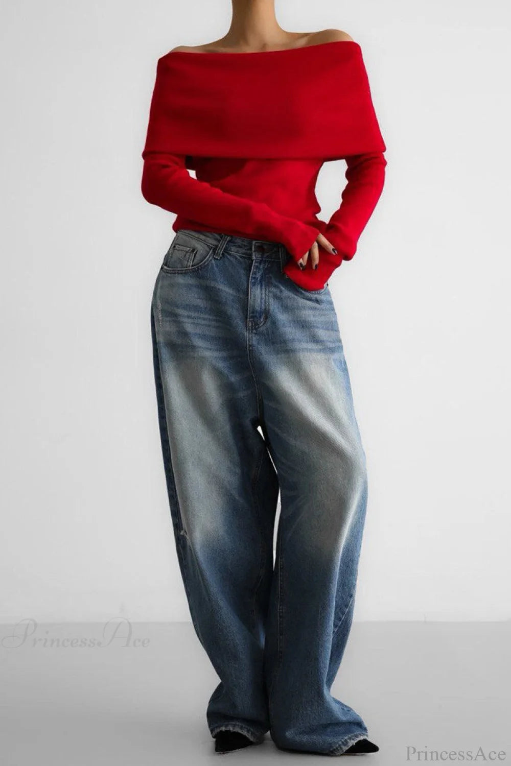 Off-Shoulder Fitted Long-Sleeve Knit Top