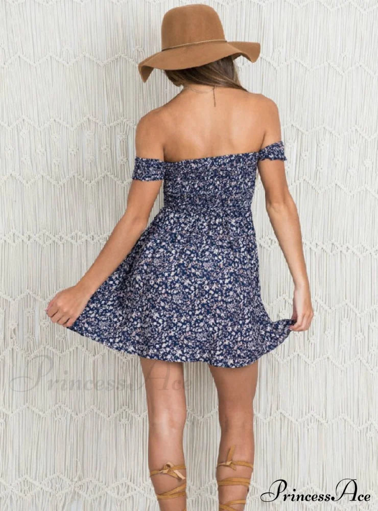 Off Shoulder Floral Mini Beach Dress L / Blue Dresses
