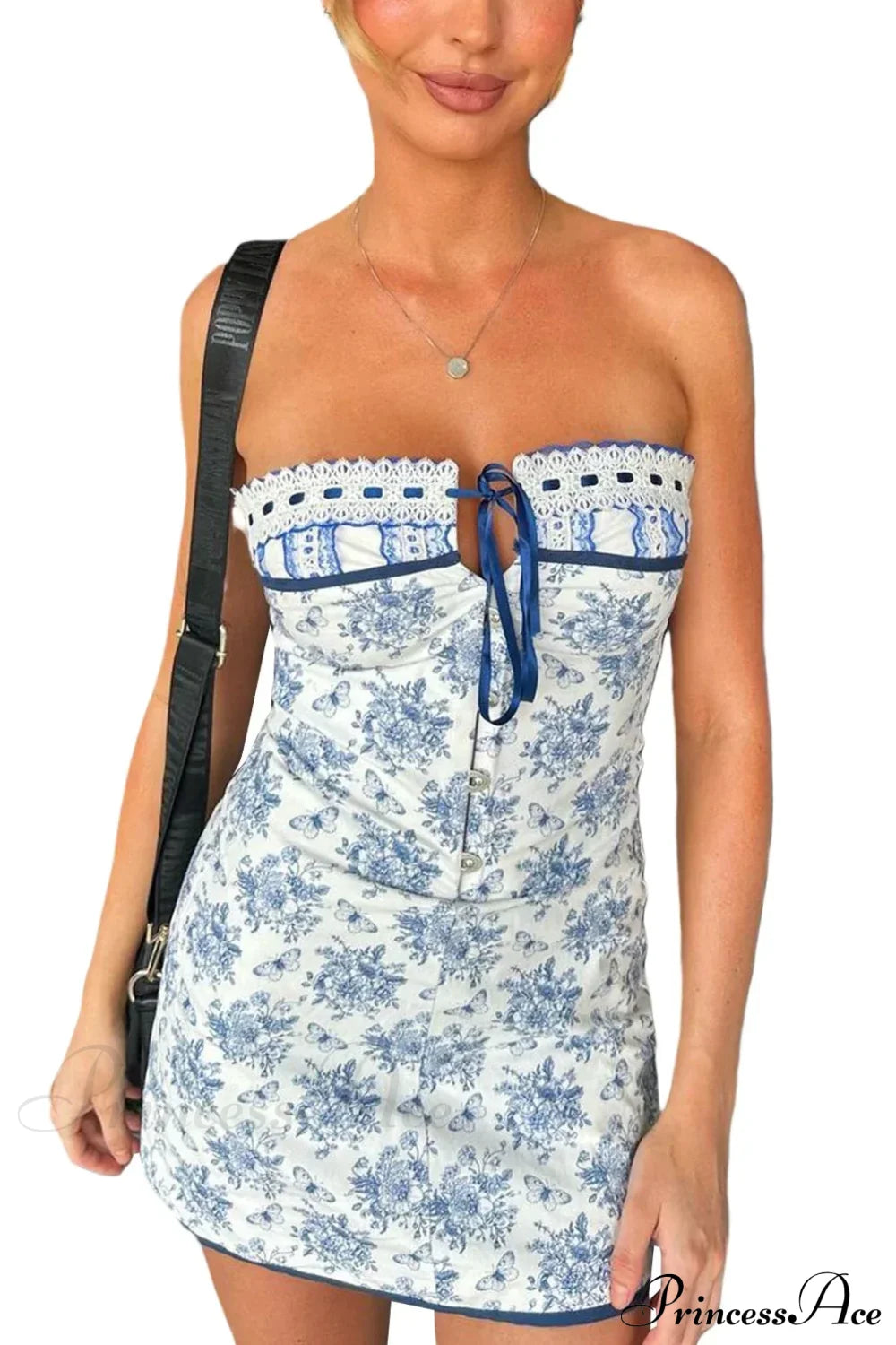 Off Shoulder Floral Print Lace-Up Boho Dress White / S