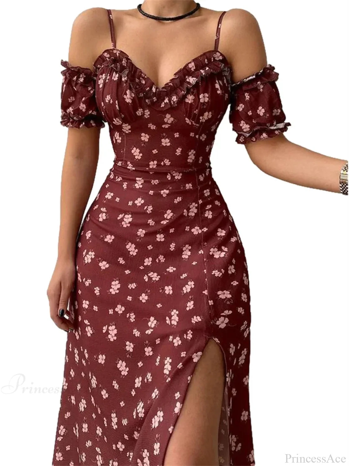 Off-Shoulder Frilly Suspender Short Sleeve Split Mid-Length A-Line Floral Dress Wine Red / S floraldress-250126
