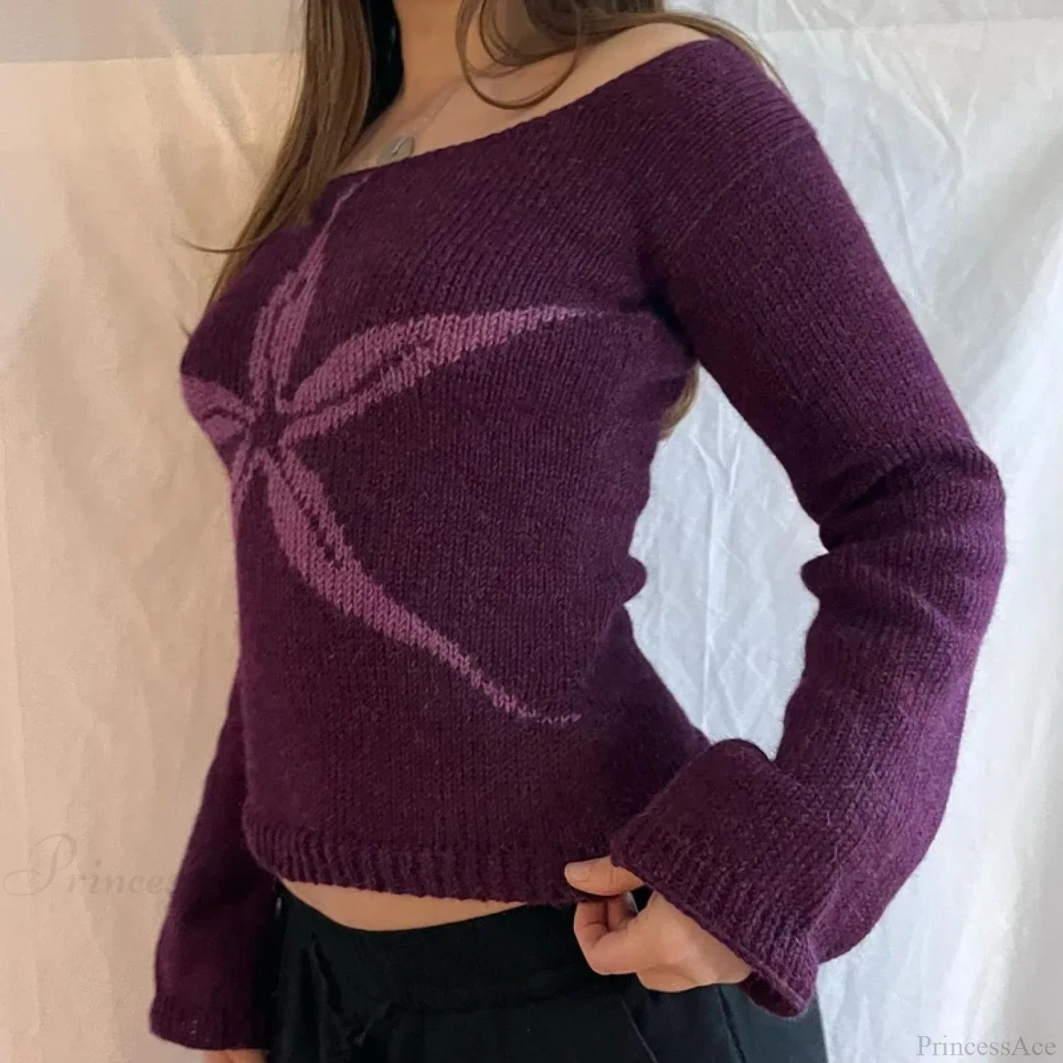 Off Shoulder Graphic Print Sweater Long Sleeve Knit Top Women knittop-250126