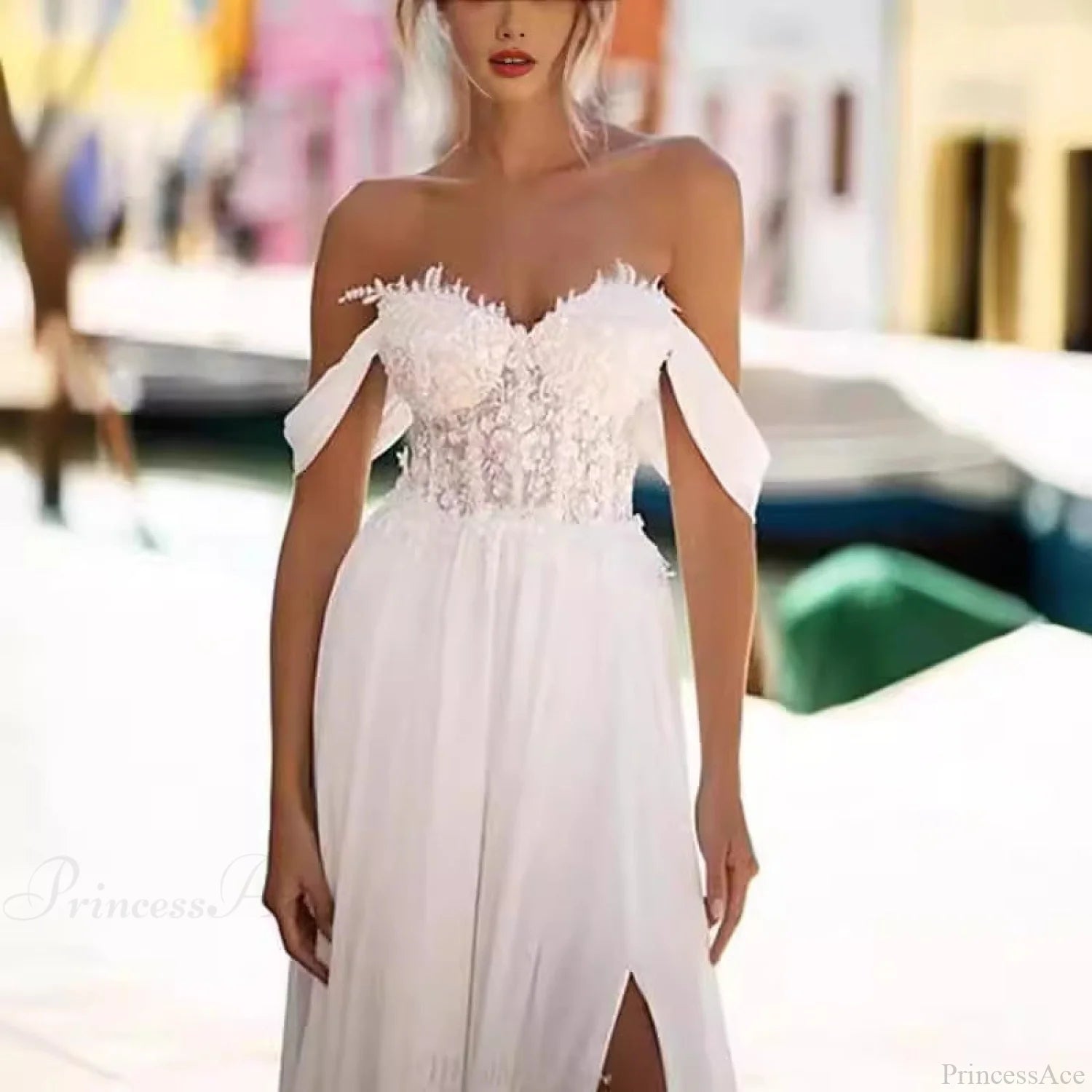 Off-Shoulder High Slit Long Train Wedding Dress weddingdress-250223