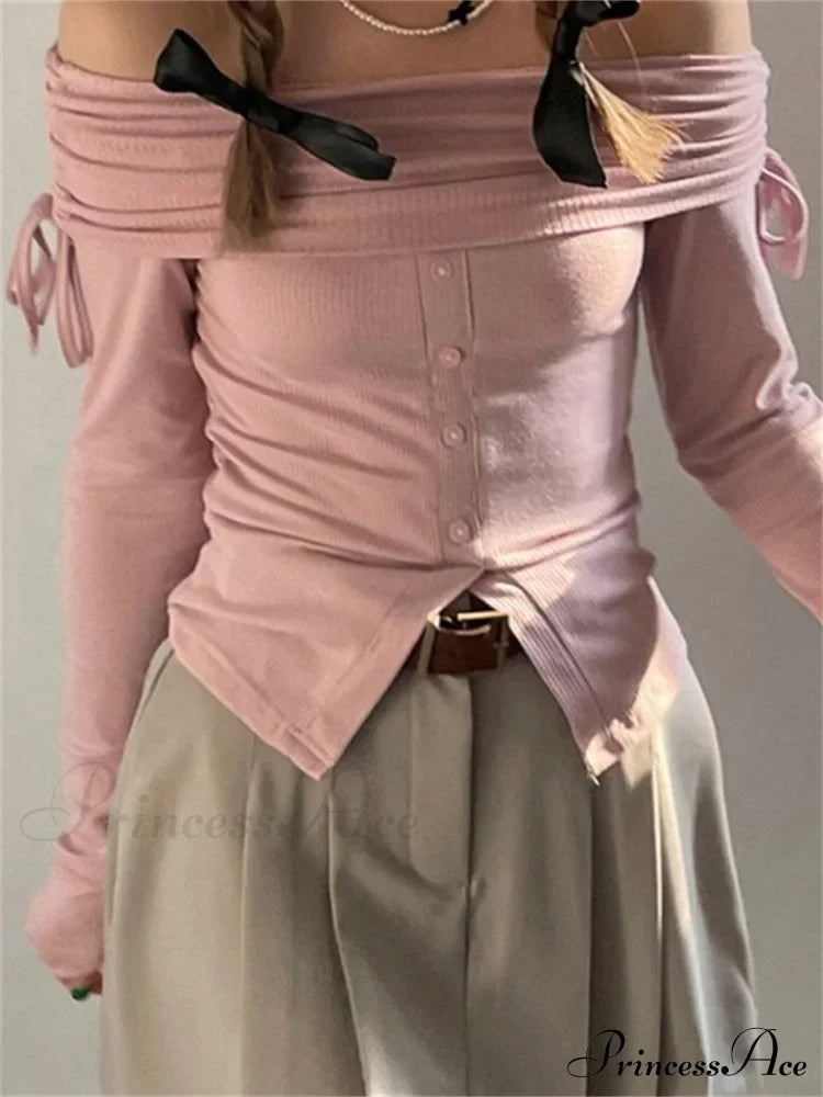 Off Shoulder Knitted Long Sleeve Solid Color Buttoned Front Split T-Shirts
