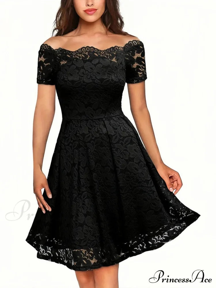Off Shoulder Lace A-Line Party Dress - Black S / Navy Black Lace Party Dress