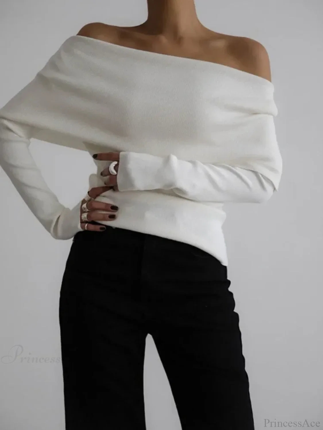 Off Shoulder Long Sleeve Skinny Sweater WHITE / S