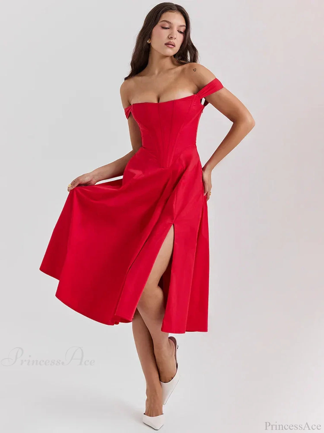 Off Shoulder Midi A-line Vacation Dress Red / S vacationdress-250223