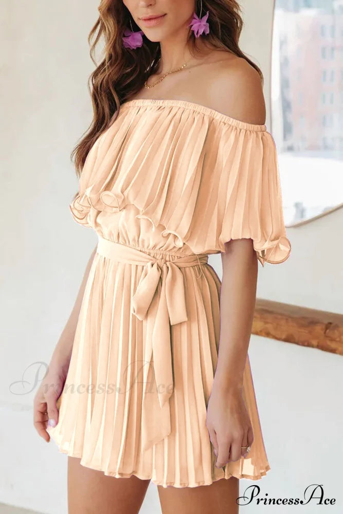 Off Shoulder Pleated Tie-Waist Rompers Apricot / M