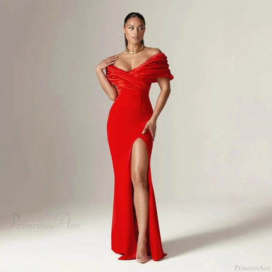 Off Shoulder Ruched Slit Satin Maxi Prom Dress promdress-250223