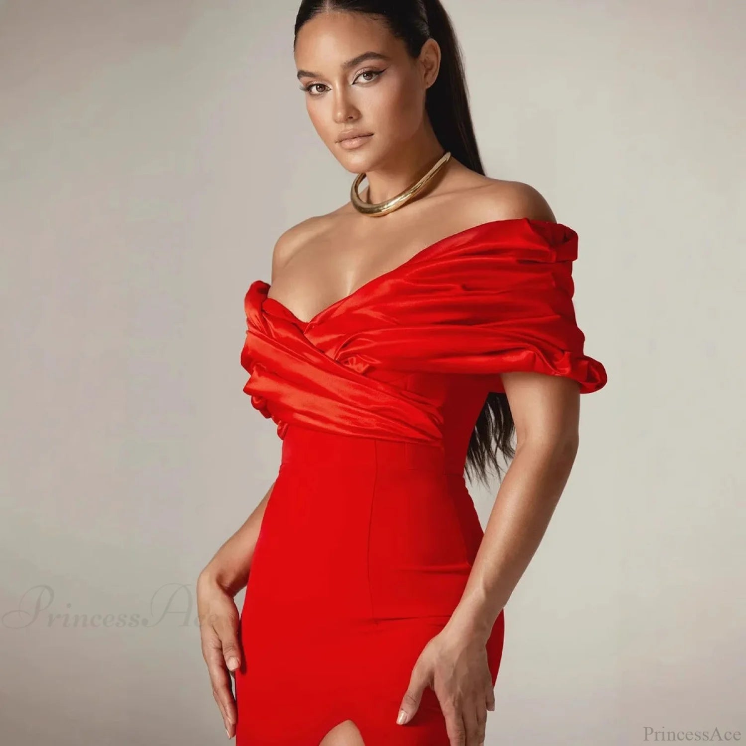 Off Shoulder Ruched Slit Satin Maxi Prom Dress promdress-250223