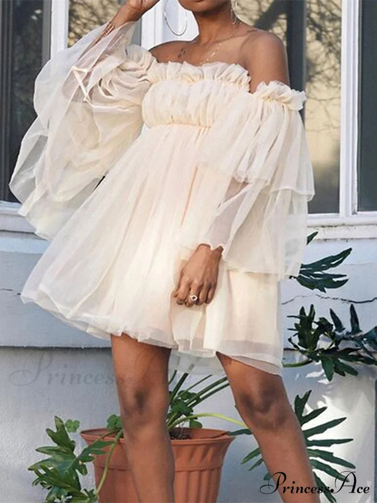 Off Shoulder Ruffle Mesh Dress - Purple S / Blue Long Sleeve Tulle Dress