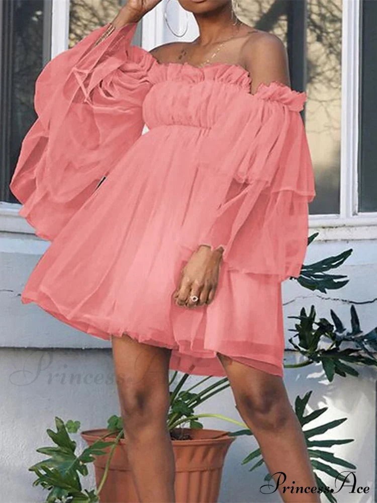 Off Shoulder Ruffle Mesh Dress - Purple S / Pink Long Sleeve Tulle Dress