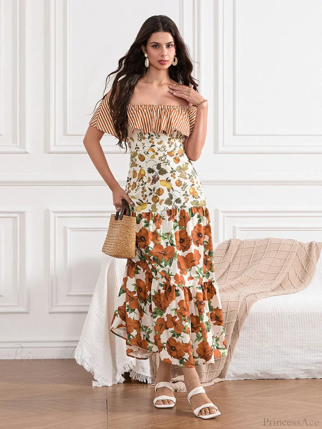 Off-Shoulder Ruffled Ruched Vintage Striped Fruit Flower Floral Dress floraldress-250126