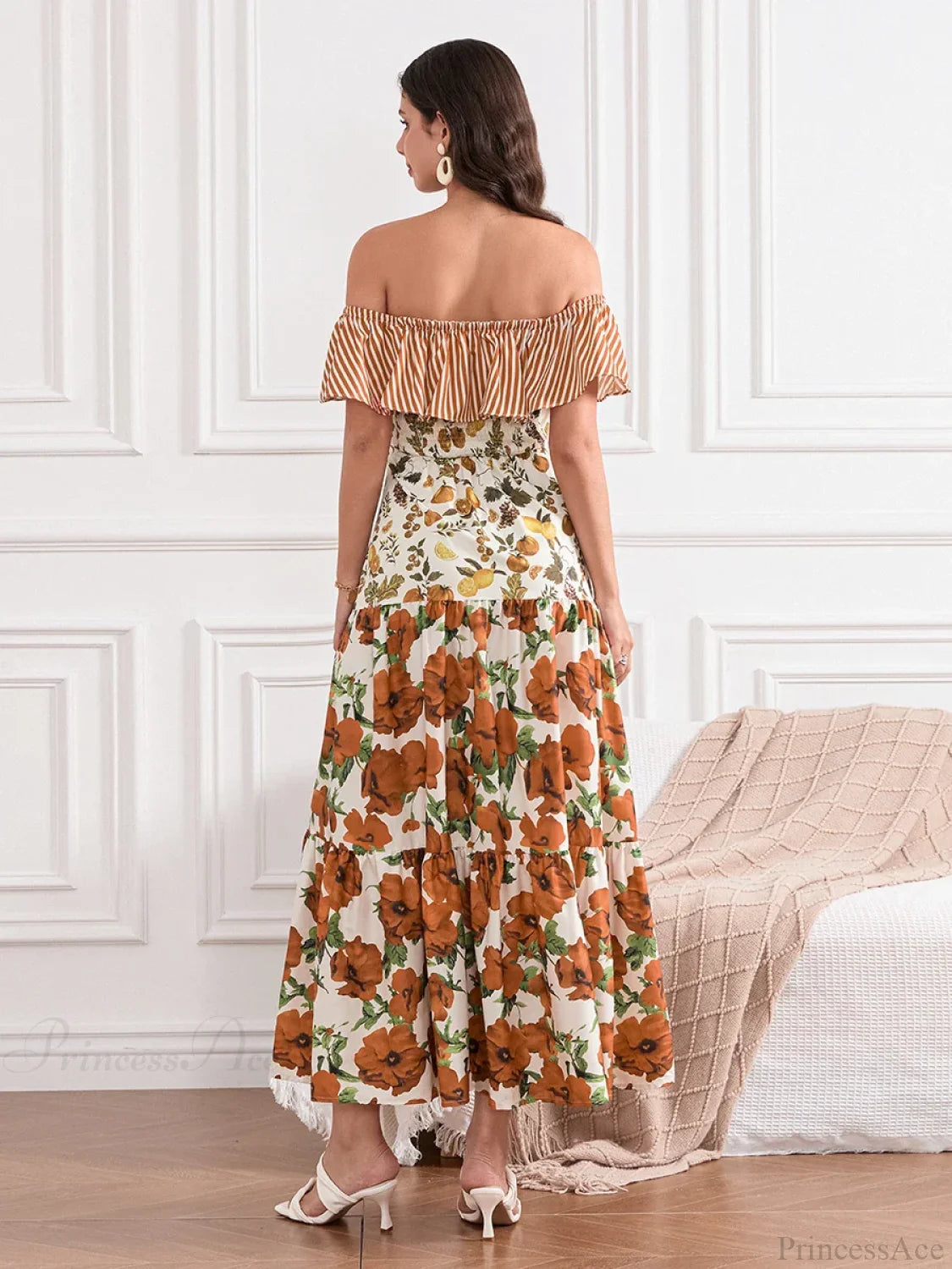 Off-Shoulder Ruffled Ruched Vintage Striped Fruit Flower Floral Dress floraldress-250126