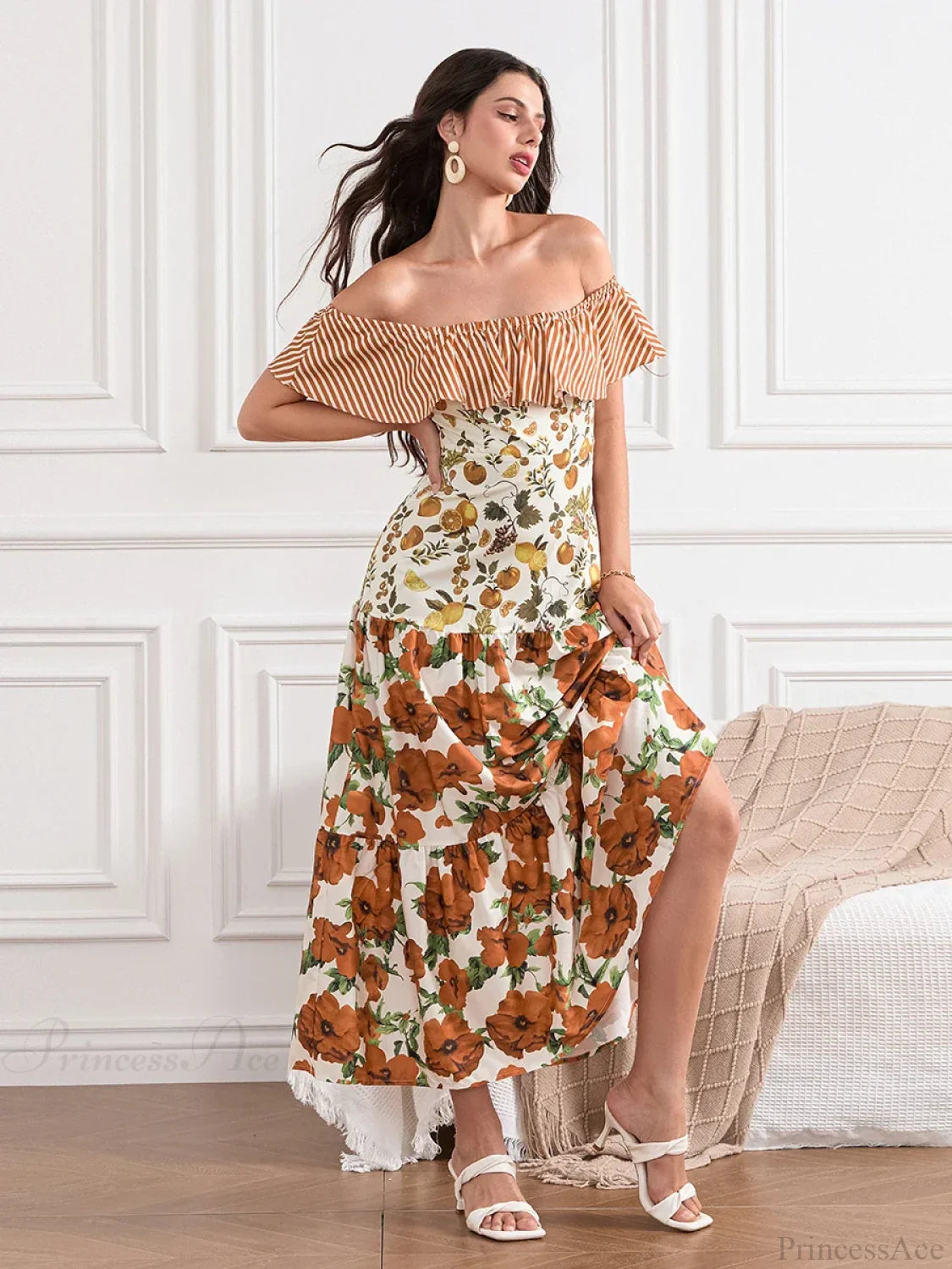 Off-Shoulder Ruffled Ruched Vintage Striped Fruit Flower Floral Dress floraldress-250126