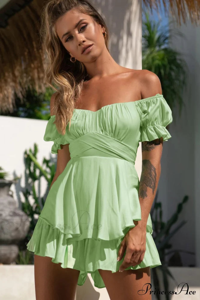 Off Shoulder Ruffled Skirt Pants With Tie Back Green / Xs Rompers
