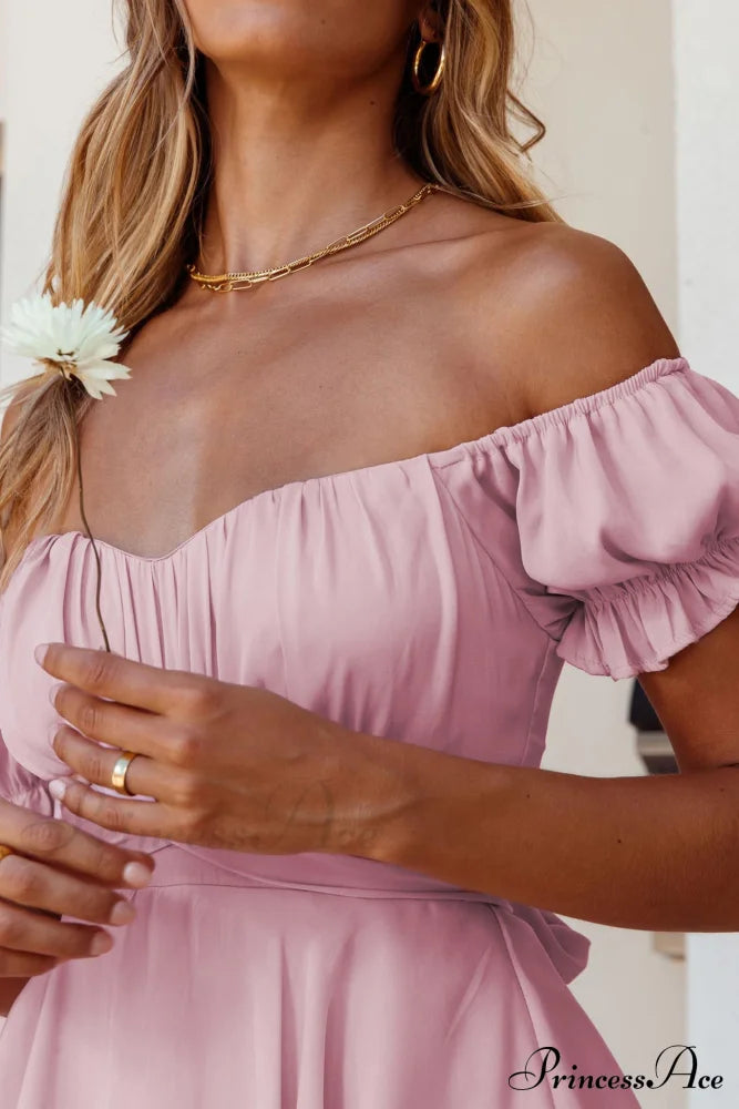 Off Shoulder Ruffled Skirt Pants With Tie Back Light Pink / L Rompers