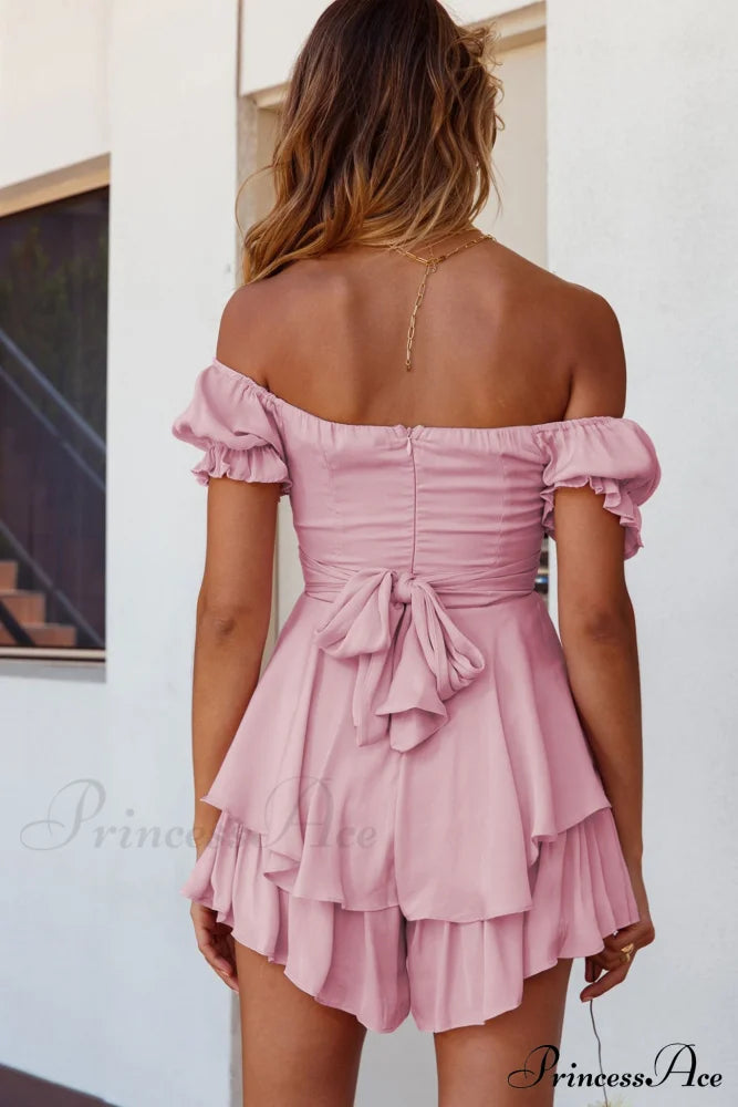 Off Shoulder Ruffled Skirt Pants With Tie Back Light Pink / Xl Rompers