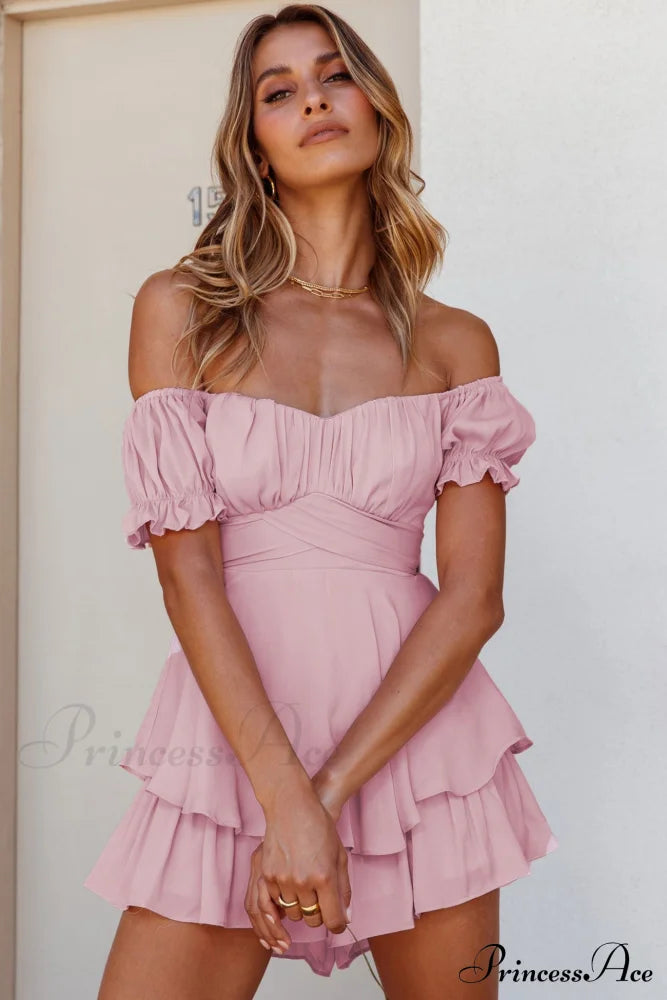 Off Shoulder Ruffled Skirt Pants With Tie Back Light Pink / Xs Rompers