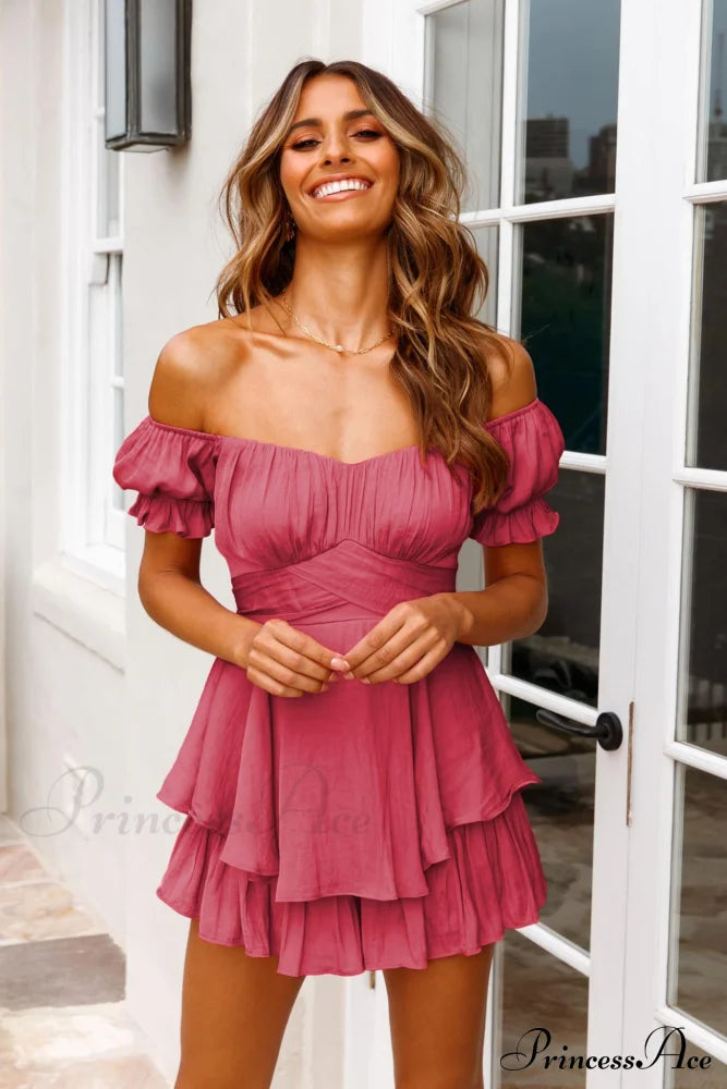 Off Shoulder Ruffled Skirt Pants With Tie Back Pink / Xs Rompers