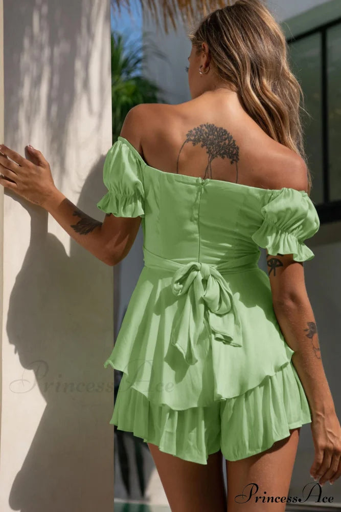Off Shoulder Ruffled Skirt Pants With Tie Back Rompers