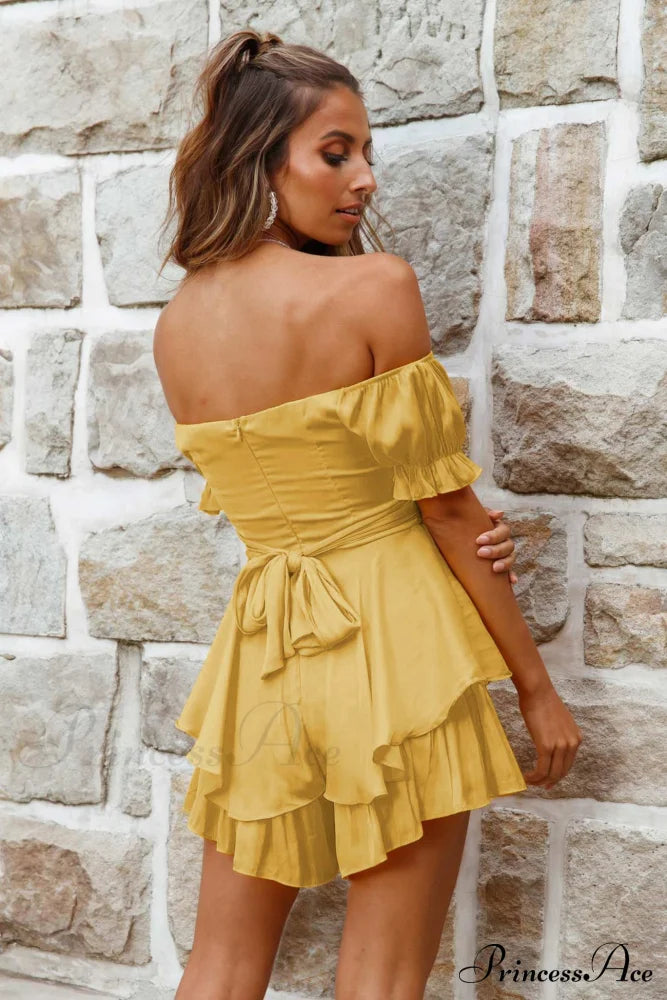 Off Shoulder Ruffled Skirt Pants With Tie Back Rompers