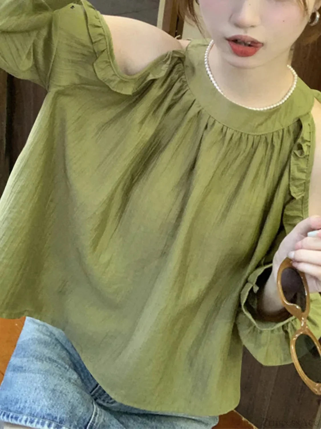 Off-Shoulder Ruffled Solid Blouse Army Green / S blouse-250126