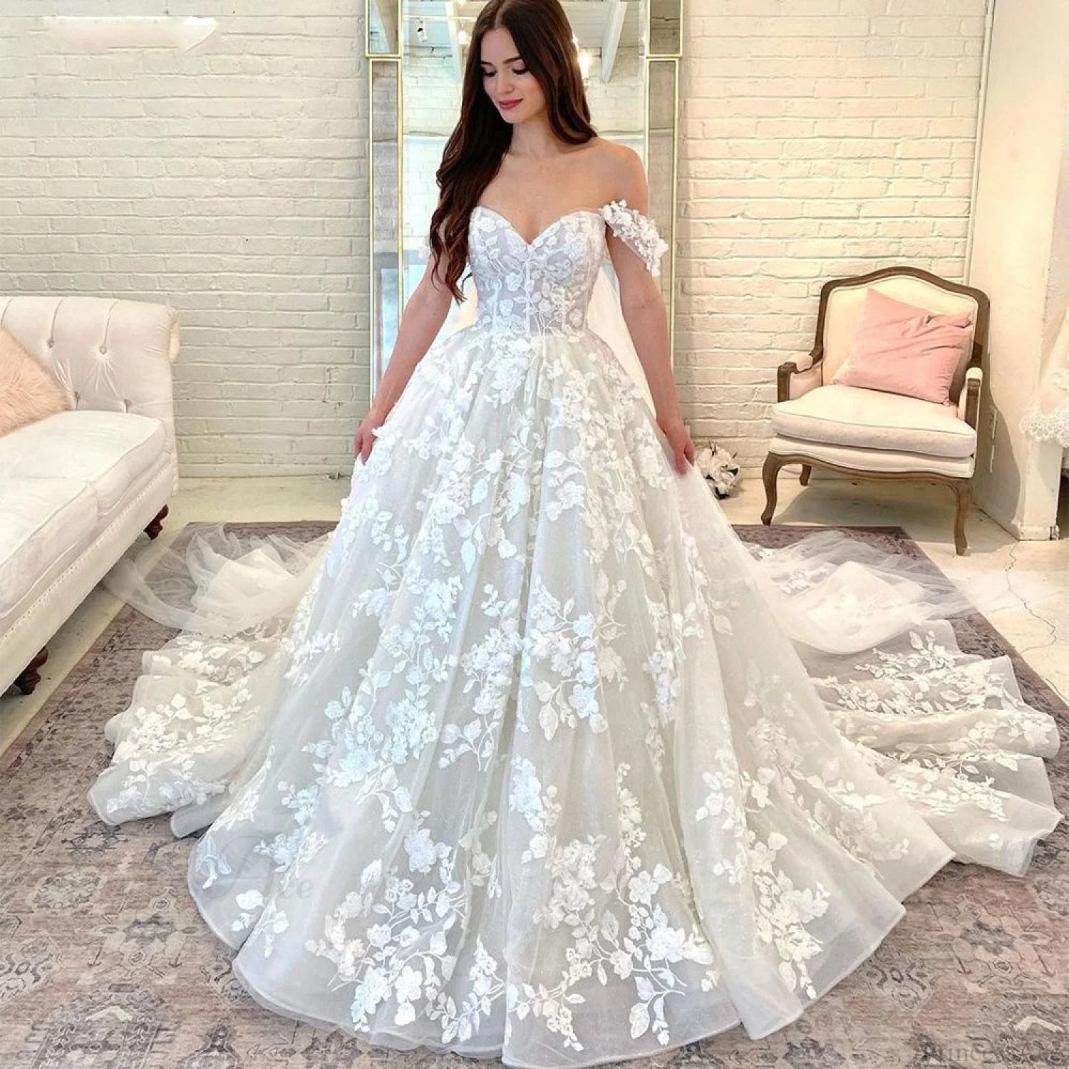 Off-Shoulder Satin Long Train Wedding Dress weddingdress-250223