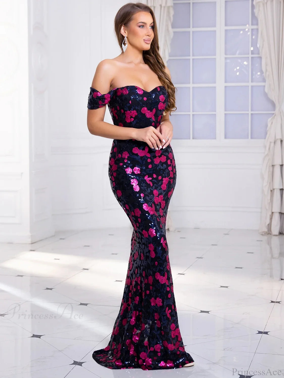 Off-Shoulder Sequin Party Dress Pink / S Partydress-241208
