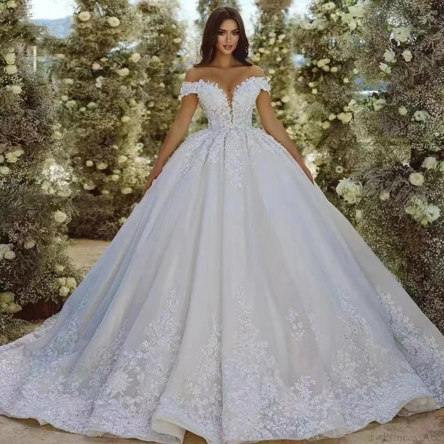 Off-Shoulder Sheer Tulle Bridal Wedding Dress lvory white / 2 weddingdress-250223