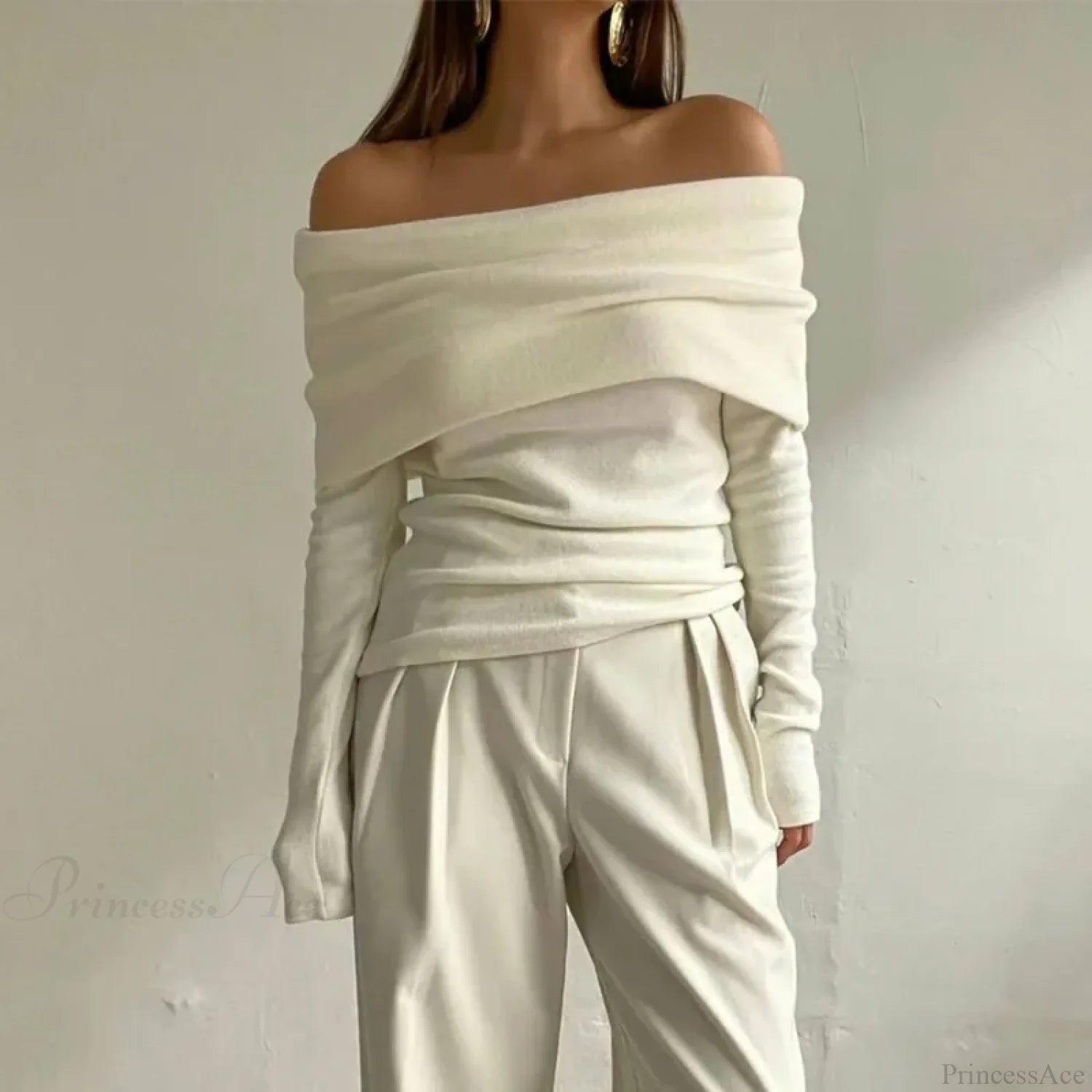 Off-Shoulder Slim Long Sleeve Pleated Sweater Apricot / S