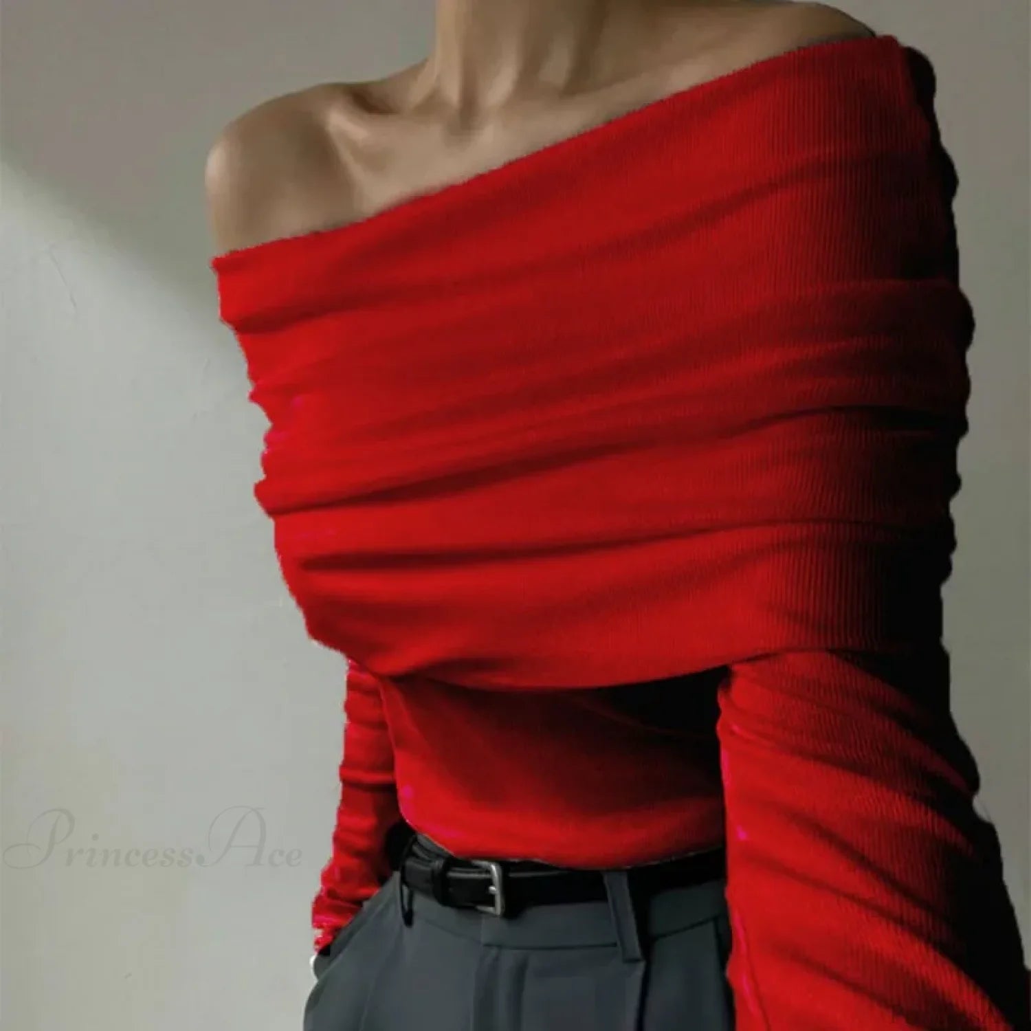 Off-Shoulder Slim Long Sleeve Pleated Sweater Red / S