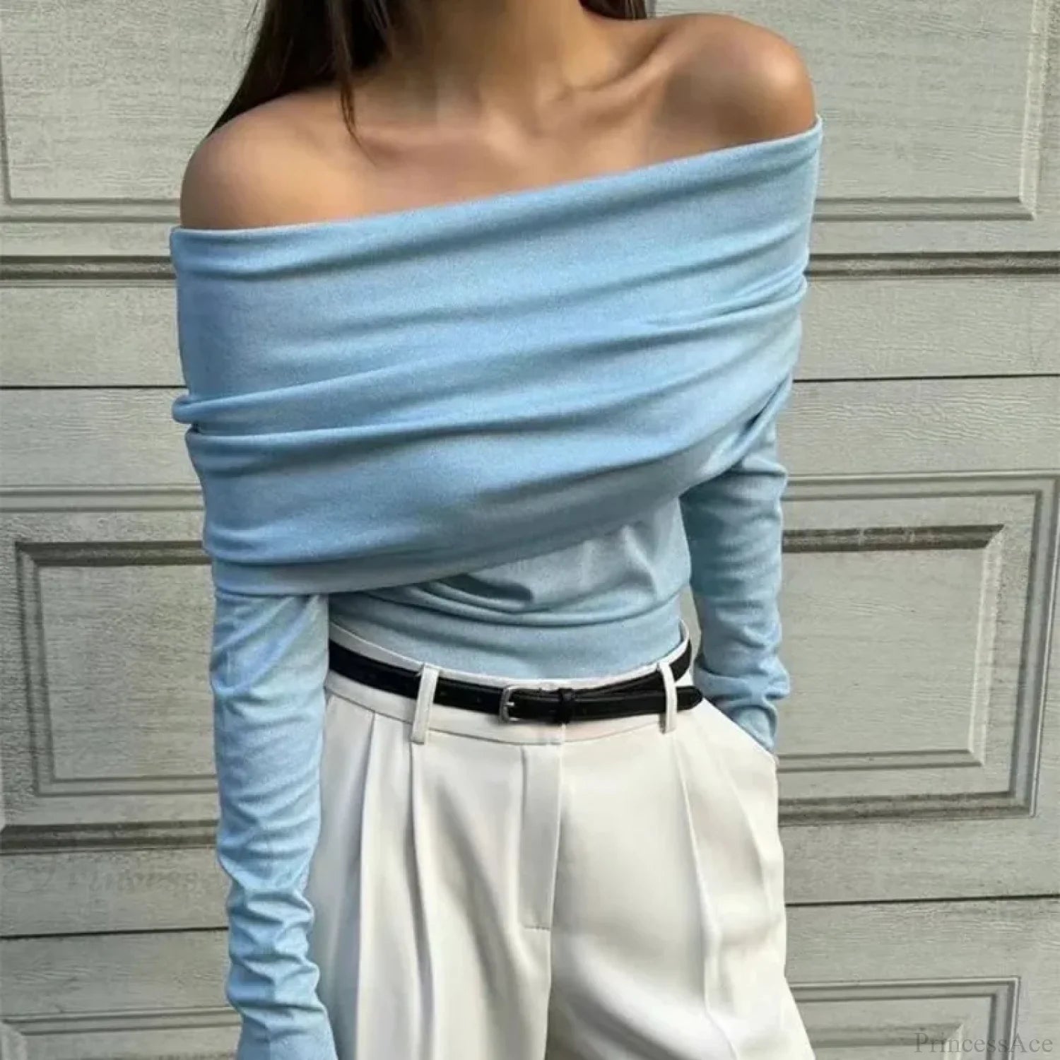 Off-Shoulder Slim Long Sleeve Pleated Sweater SKY BLUE / S