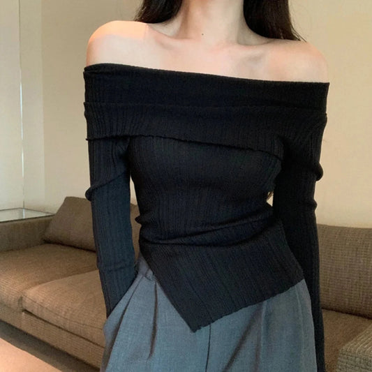 Off Shoulder Slim Slash Neck Long Sleeve Knit Top Black / One Size knittop-250126