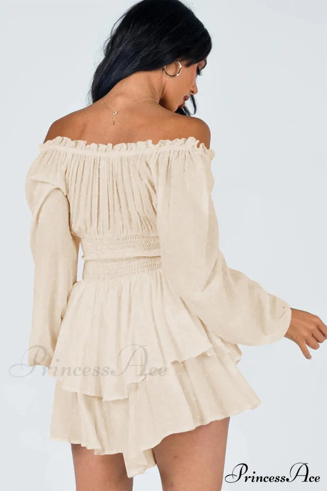Off Shoulder Smocked Tiered Romper Apricot / M Rompers