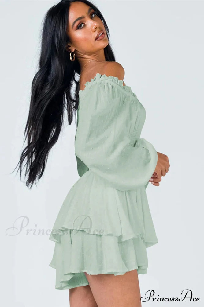 Off Shoulder Smocked Tiered Romper Rompers