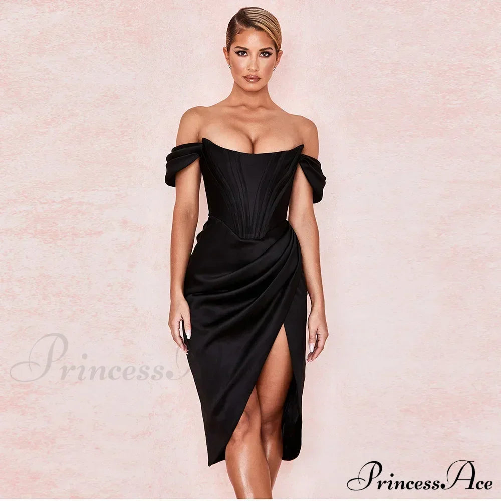 Off Shoulder Split Corset Midi Dress Black / S