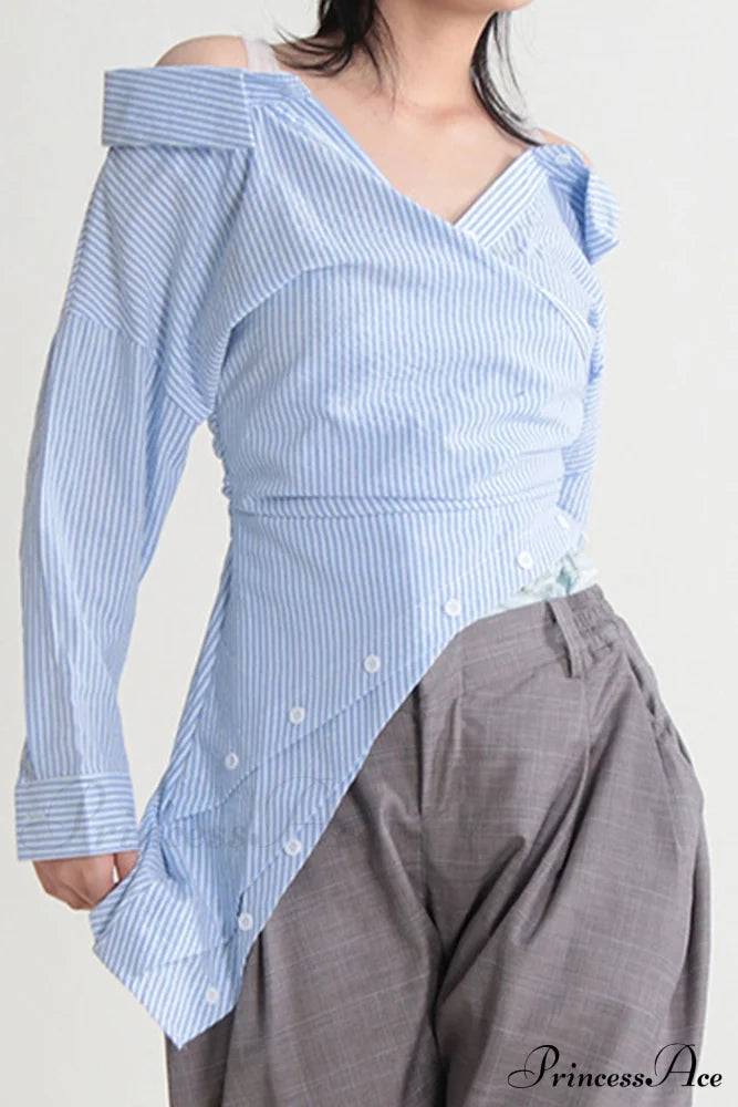 Off Shoulder Striped Blouse With Irregular Long Sleeves Blue / L Blouses