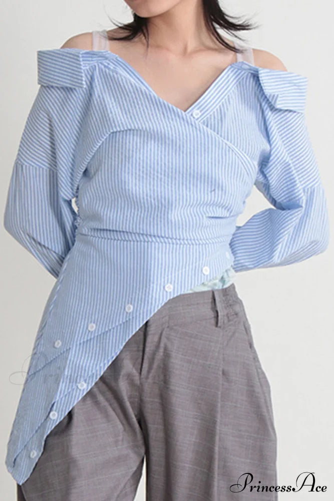 Off Shoulder Striped Blouse With Irregular Long Sleeves Blue / M Blouses