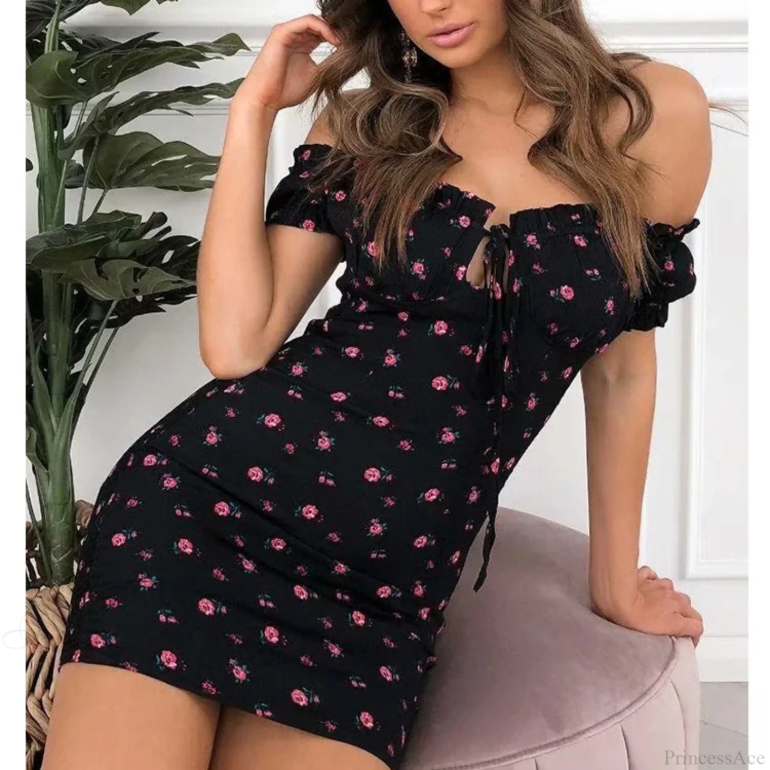 Off Shoulder Tie-Up Floral Print Ruffle Floral Dress floraldress-250126