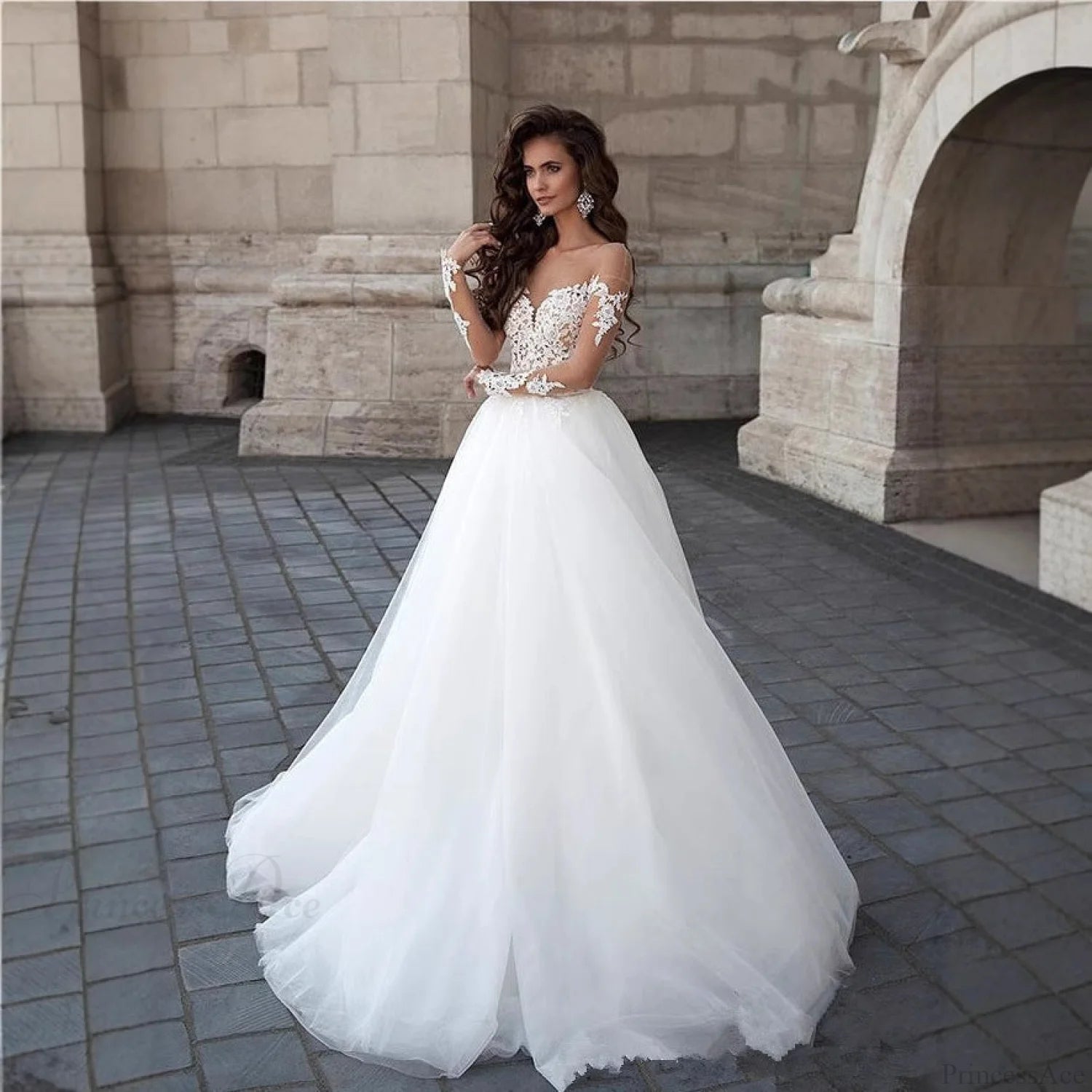 Off-Shoulder V-Neck Sheer Wedding Dress weddingdress-250223
