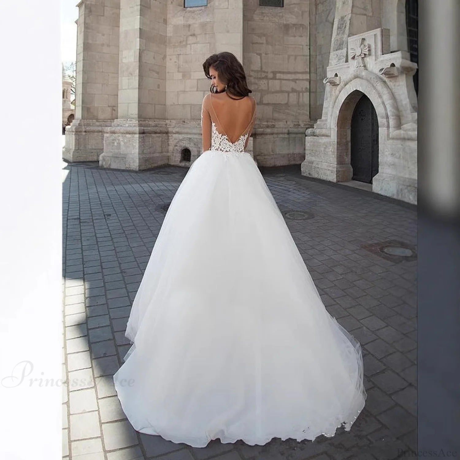 Off-Shoulder V-Neck Sheer Wedding Dress weddingdress-250223